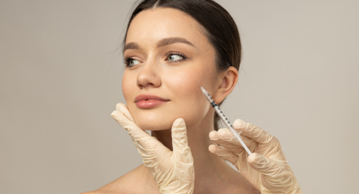 A woman receiving a facial injection from a gloved professional, showcasing cosmetic enhancement.