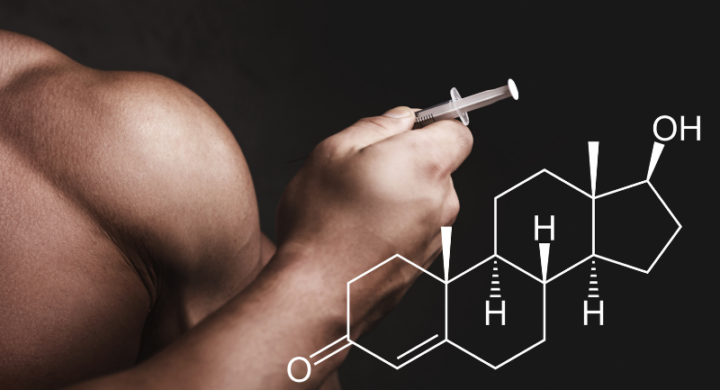 Muscular man with a syringe in his hand and testosterone formula.