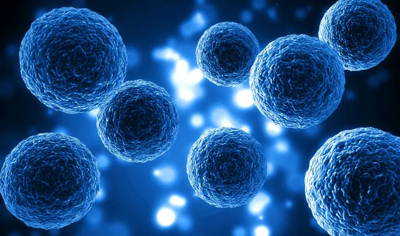 Blue spherical cells glowing on a dark background symbolizing cell biology