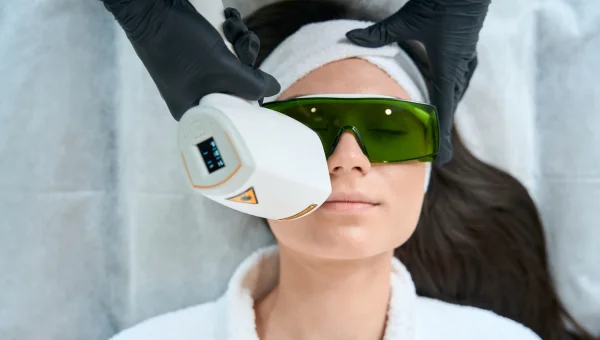 Woman undergoing laser hair removal on face, wearing protective eyewear