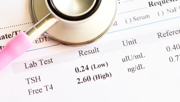 Lab report showing thyroid hormone test results with a stethoscope