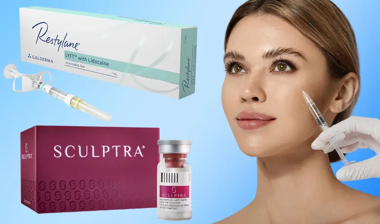 Woman receiving dermal filler with Restylane and Sculptra products shown