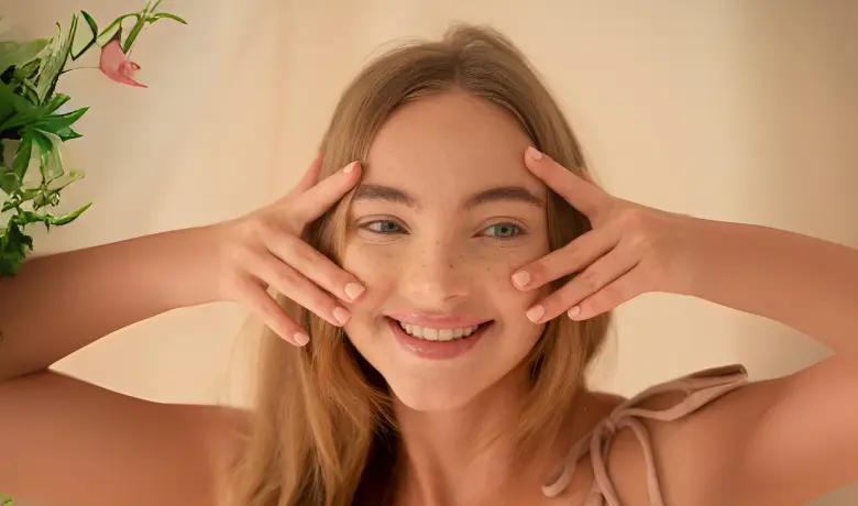 Smiling woman touching her face, showing youthful skin after weight loss